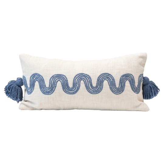 Cream &#x26; Blue Lumbar Pillow with Embroidered Curved Pattern &#x26; Tassels